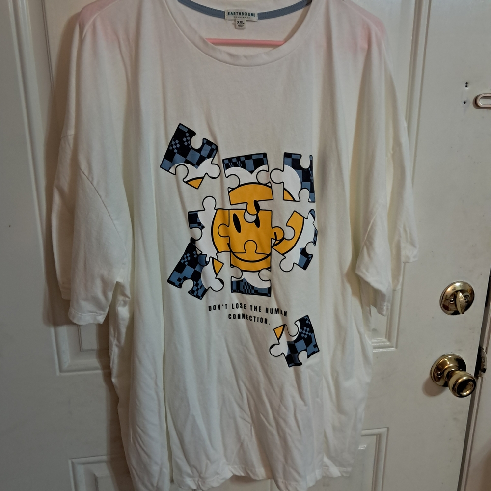 EARTHBOUND White Tee with Blue and Yellow Puzzle Design